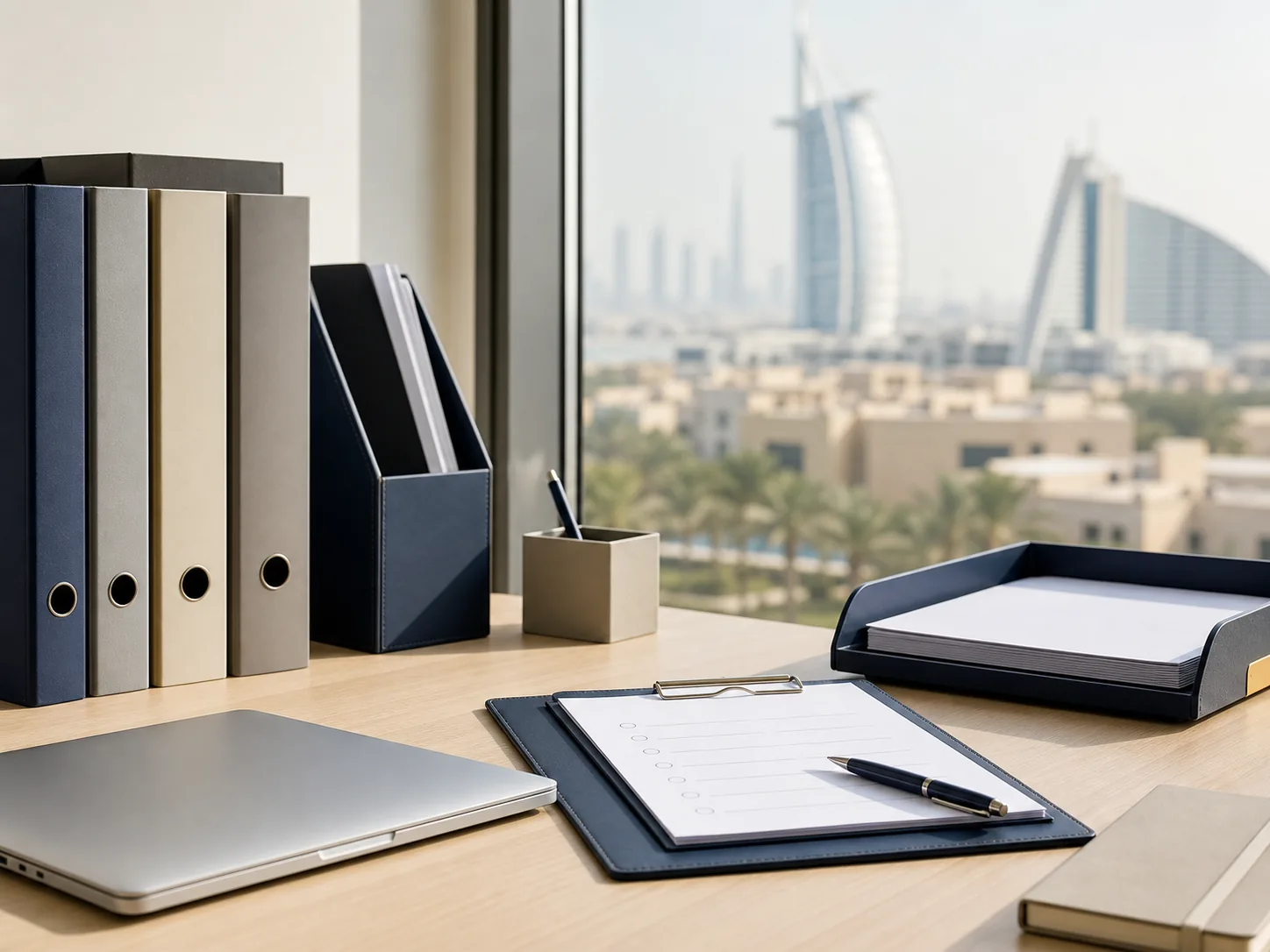 Organised back-office workspace overlooking Dubai